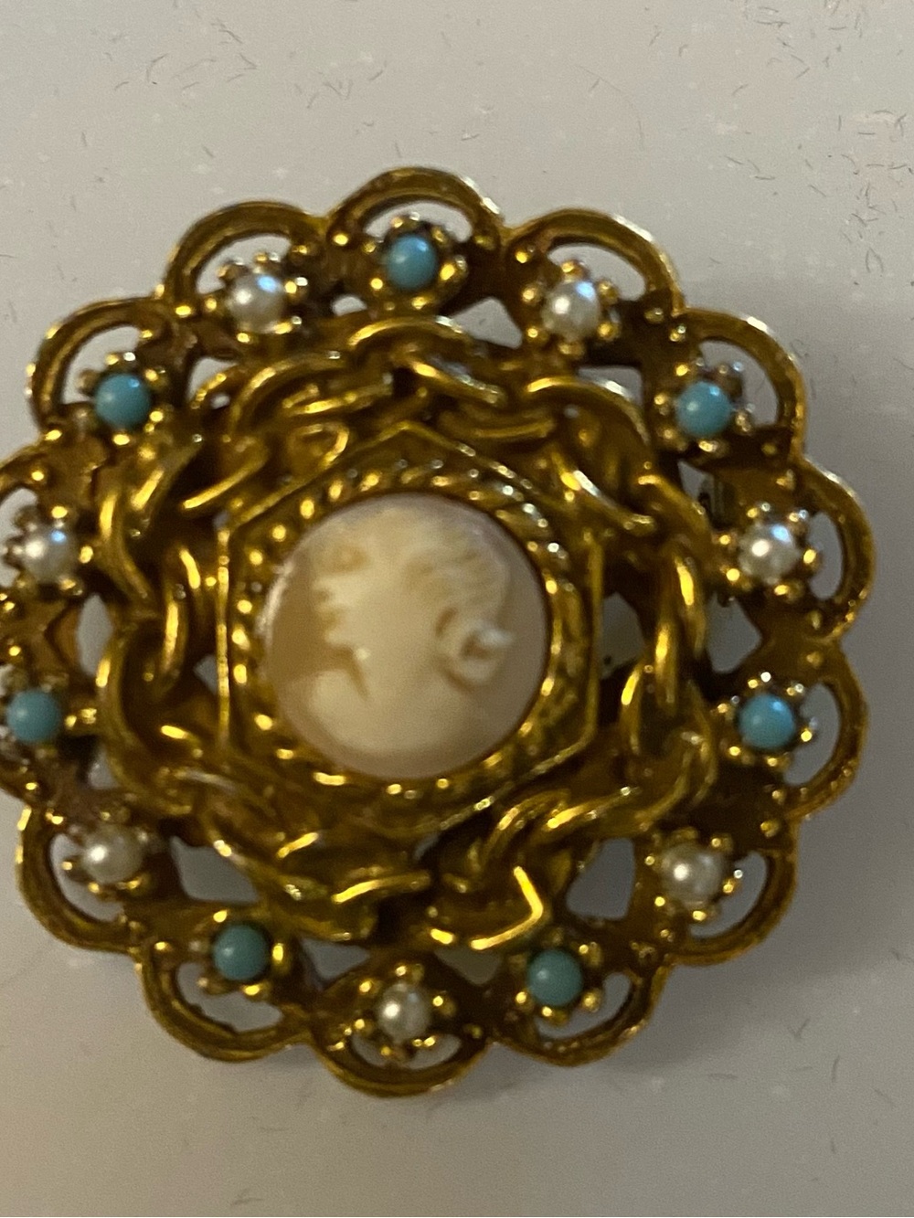 Vintage "Goldette" stamped Cameo Brooch Carved Shell Turquoise and Pearl Accents